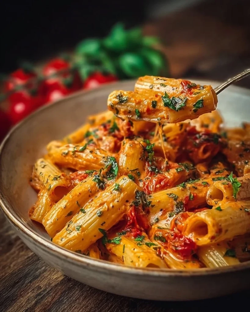 Creamy tomato garlic pasta served in a bowl with fresh herbs on top