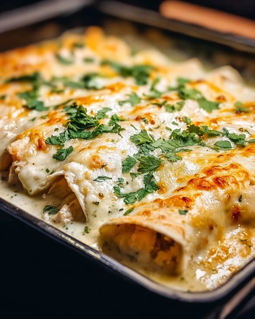 Creamy white chicken enchiladas topped with sauce and garnished, served on a plate