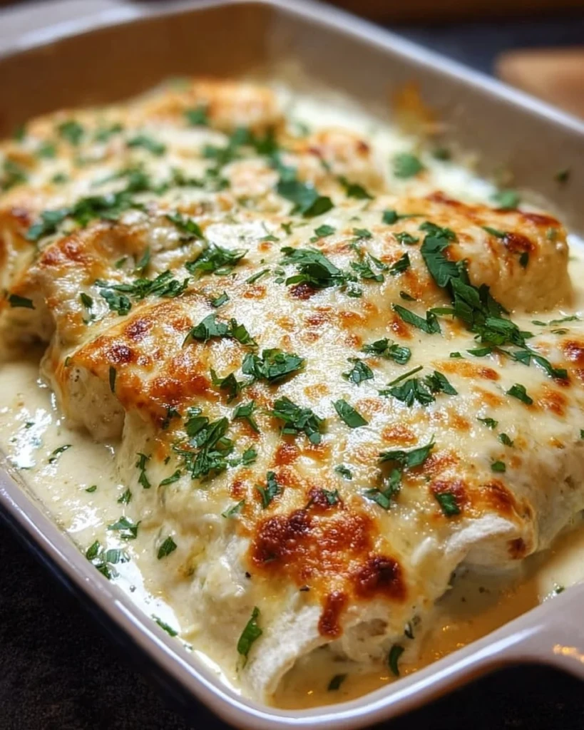 Delicious creamy white chicken enchiladas garnished with cilantro and cheese
