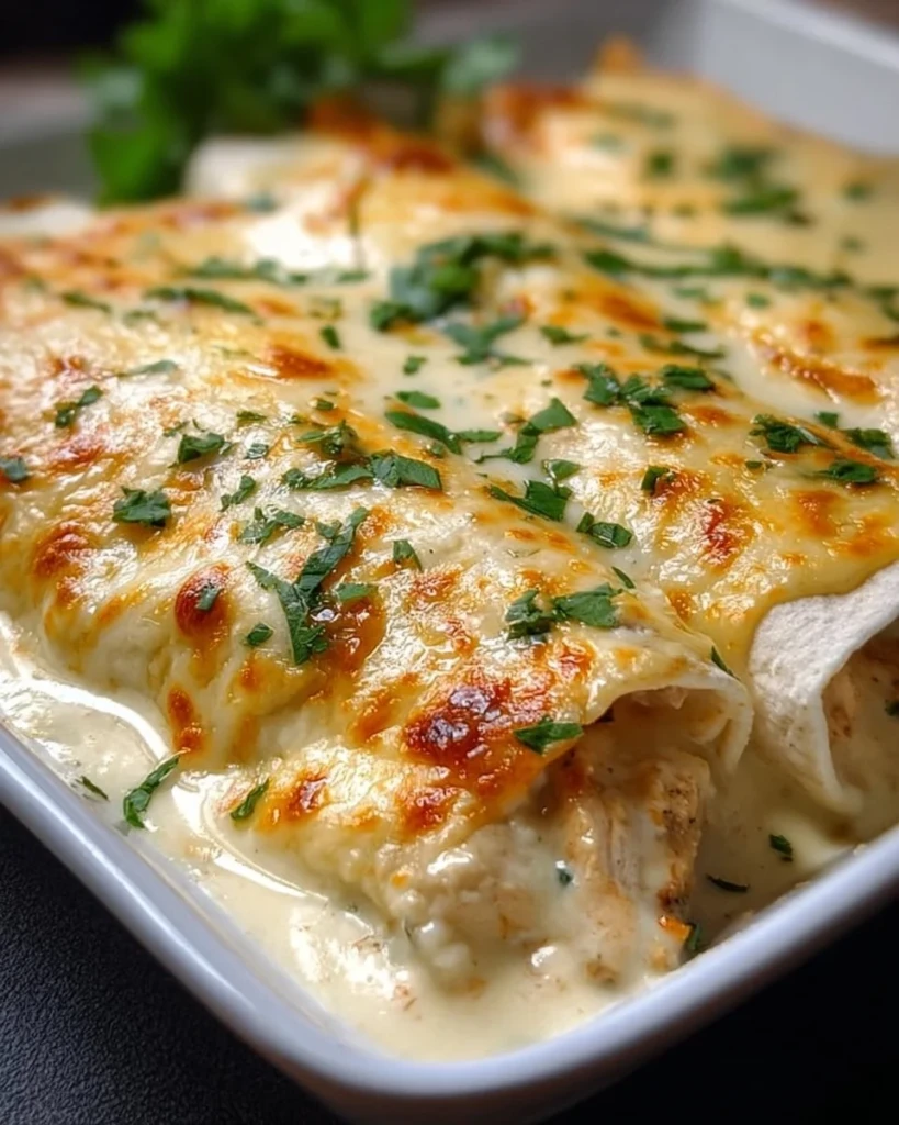 Creamy white chicken enchiladas topped with cheese and herbs.
