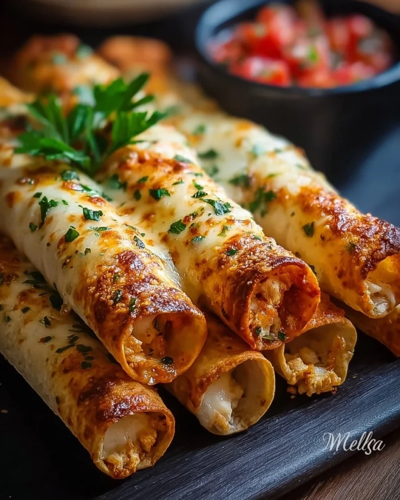 Plate of crispy chicken taquitos garnished with fresh herbs