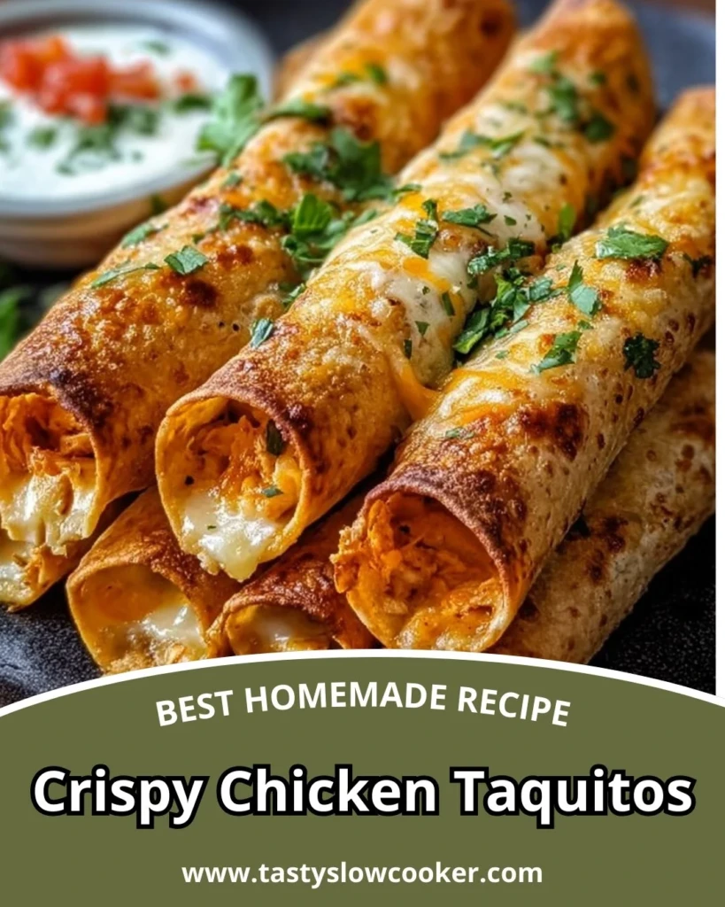 Plate of crispy chicken taquitos served with salsa and guacamole
