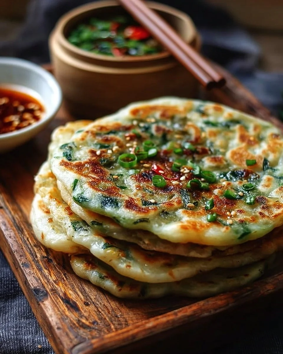 Crispy Chinese scallion pancakes (Cong You Bing) served with dipping sauce.