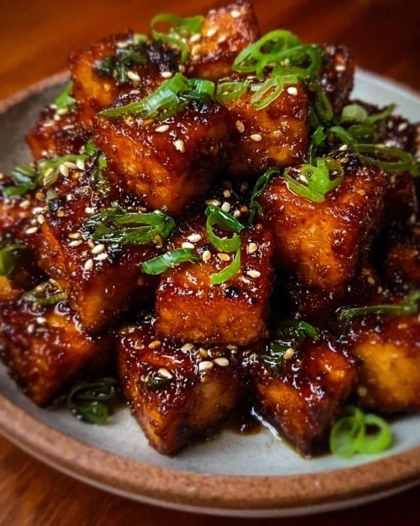Crispy honey garlic tofu served with a garnish for a delicious meal