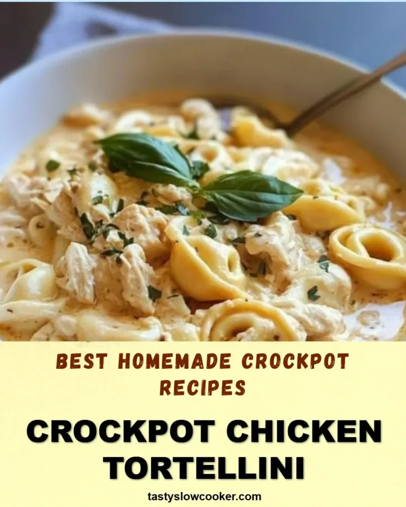 CrockPot Chicken Tortellini simmering in a bowl with fresh herbs