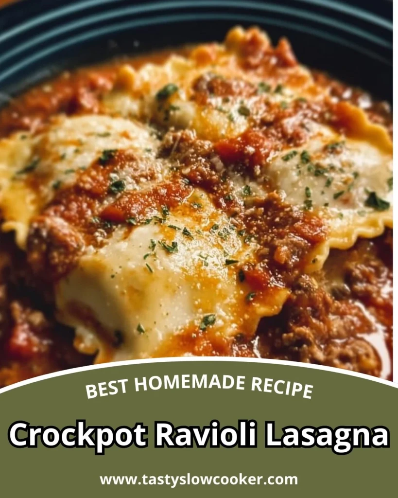 Delicious crockpot ravioli lasagna served in a comforting, cheesy dish.