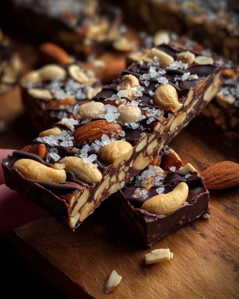 Dark chocolate and sea salt nut bars with nuts and seeds on a wooden surface