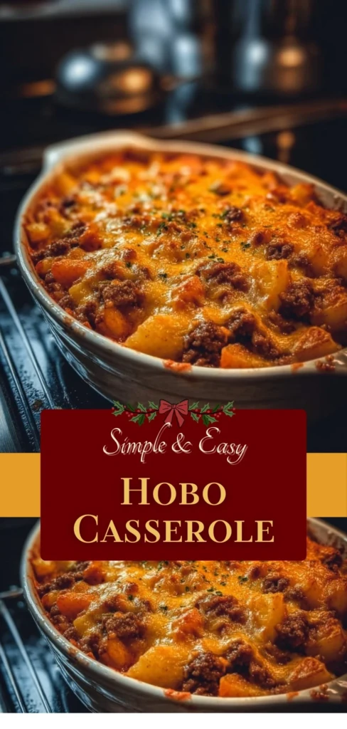 Delicious Hobo Casserole topped with cheese and veggies in a baking dish.