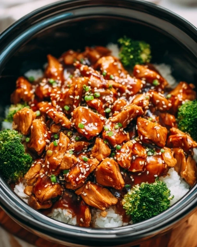 Delicious Dump and Go Crockpot Teriyaki Chicken dish served with rice and vegetables.
