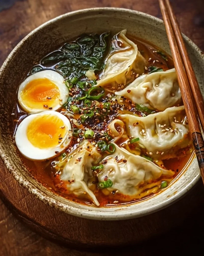 Delicious bowl of Dumpling Ramen topped with fresh herbs and vegetables.