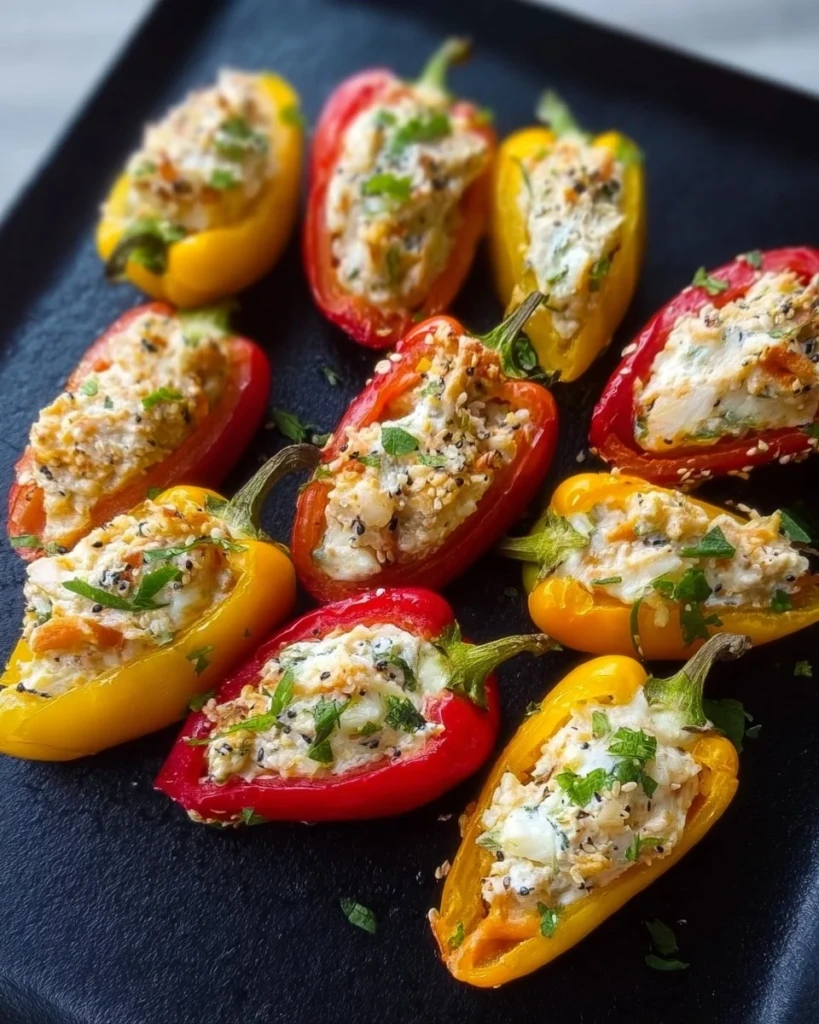 Cheese and everything bagel-stuffed mini peppers ready to be enjoyed.
