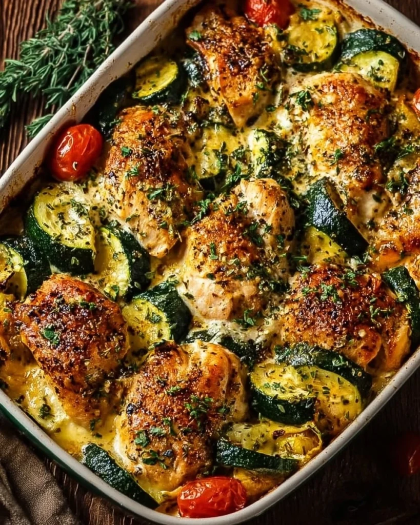 Easy chicken zucchini bake with melted cheese and fresh ingredients.