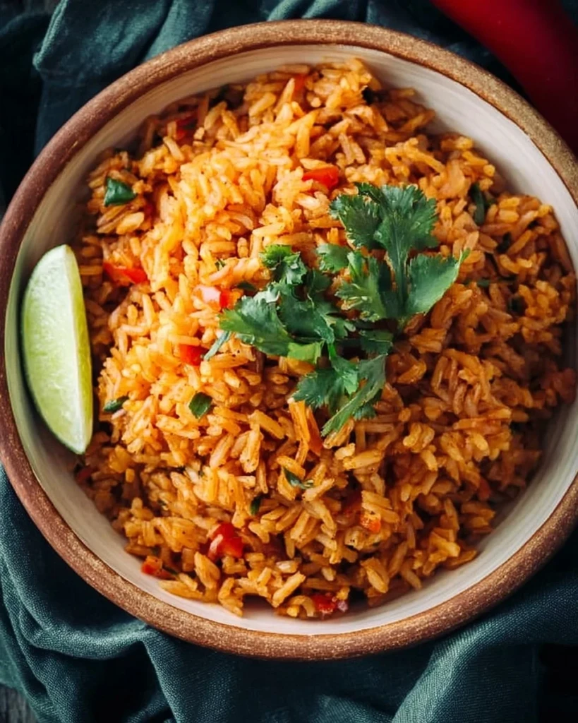 A bowl of easy Mexican rice garnished with herbs and spices
