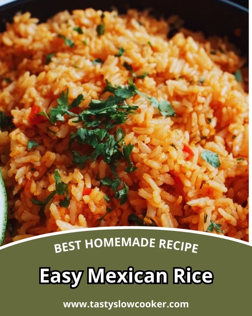 Plate of easy Mexican rice garnished with cilantro and lime