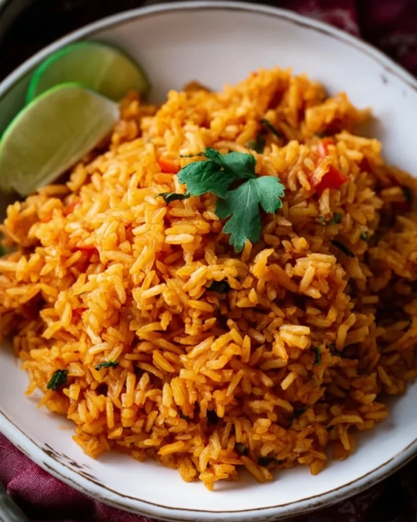 Bowl of easy Mexican rice garnished with herbs