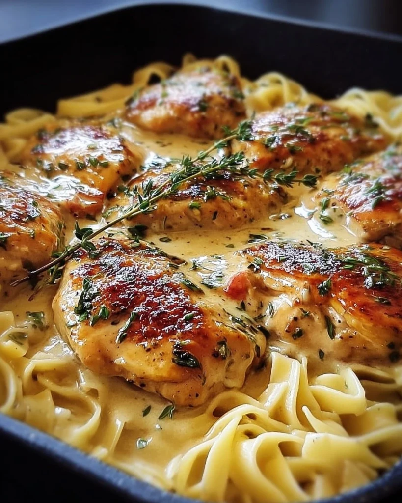 Easy one-pan chicken dish served with buttered noodles