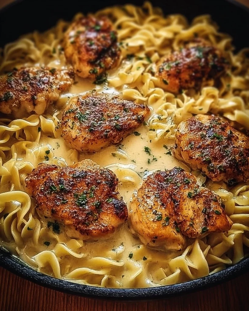 Plate of Easy One-Pan Chicken served with buttered noodles.