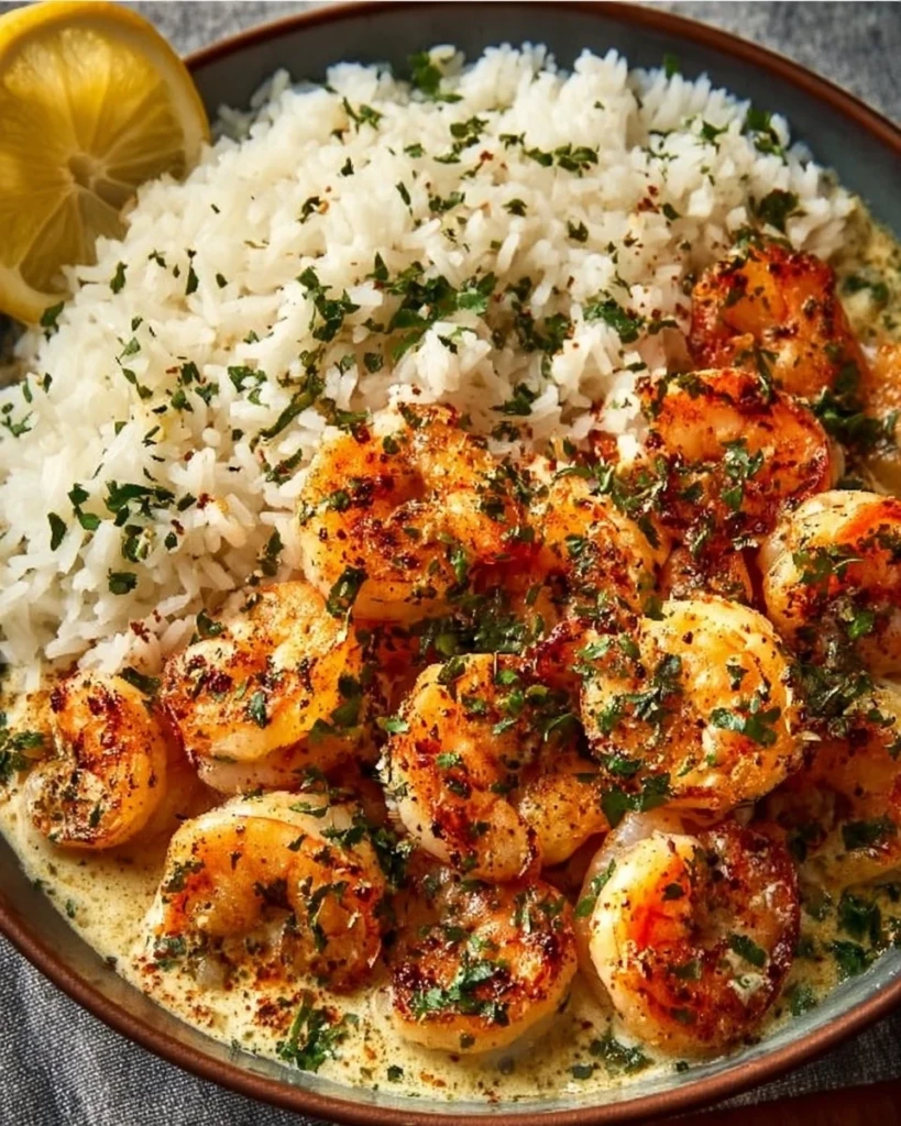 Delicious creamy garlic butter shrimp served with rice, a quick and easy meal.