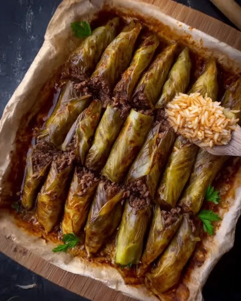 Elegant stuffed leeks filled with rice and beef, beautifully presented on a plate.