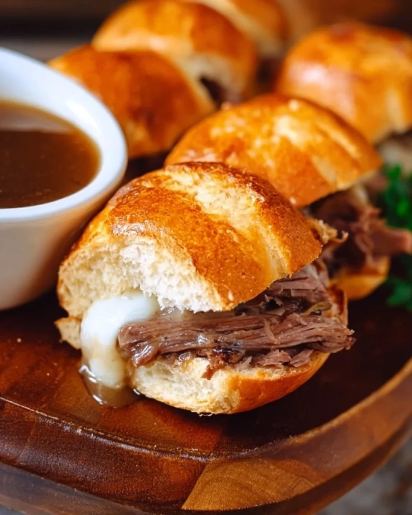 Tasty French Dip Sliders served with au jus for dipping