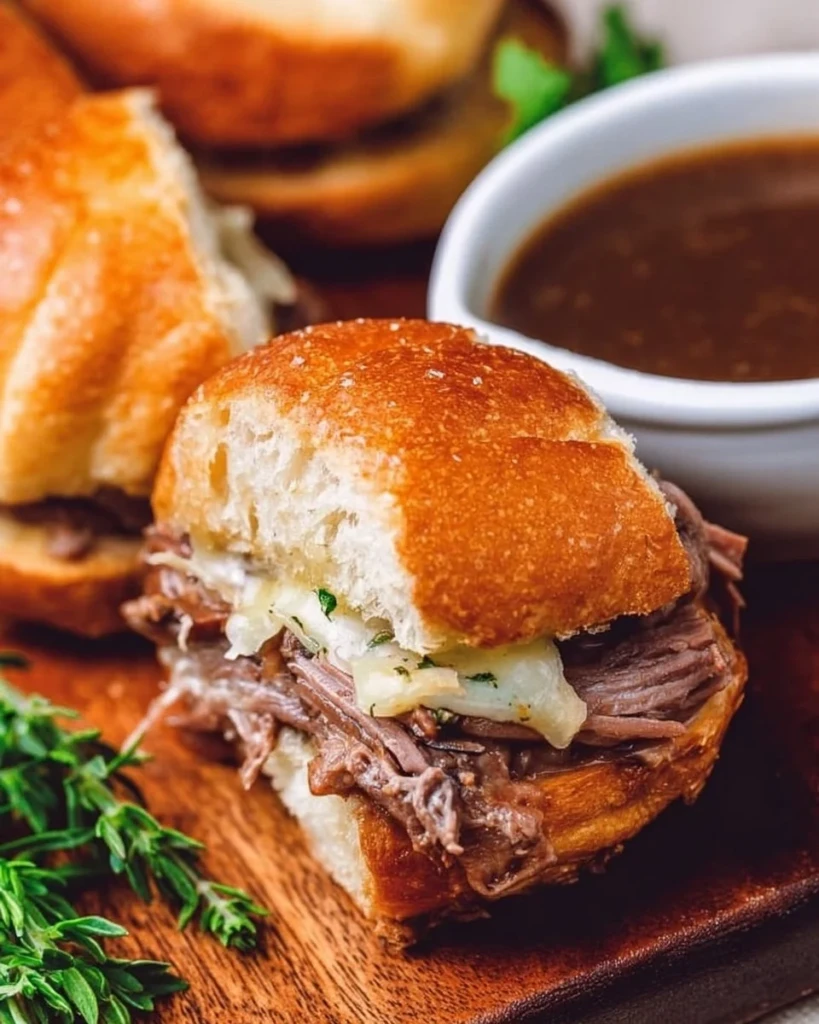 French Dip Sliders served on a platter with dipping sauce