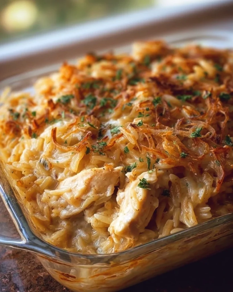French Onion Chicken Orzo Casserole in a dish, garnished with herbs
