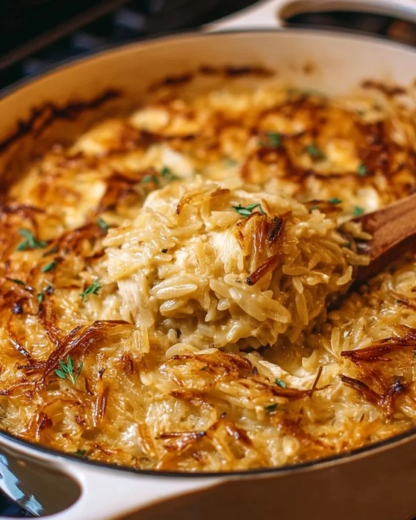 French Onion Chicken Orzo Casserole with melted cheese and fresh herbs