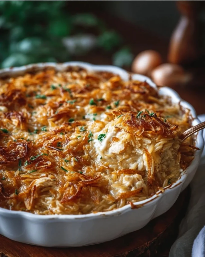 French Onion Chicken Orzo Casserole topped with crispy cheese and herbs