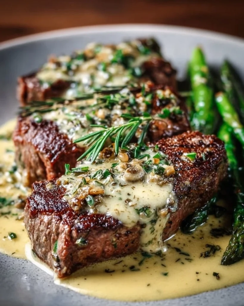 Garlic Butter Steak topped with creamy Parmesan sauce