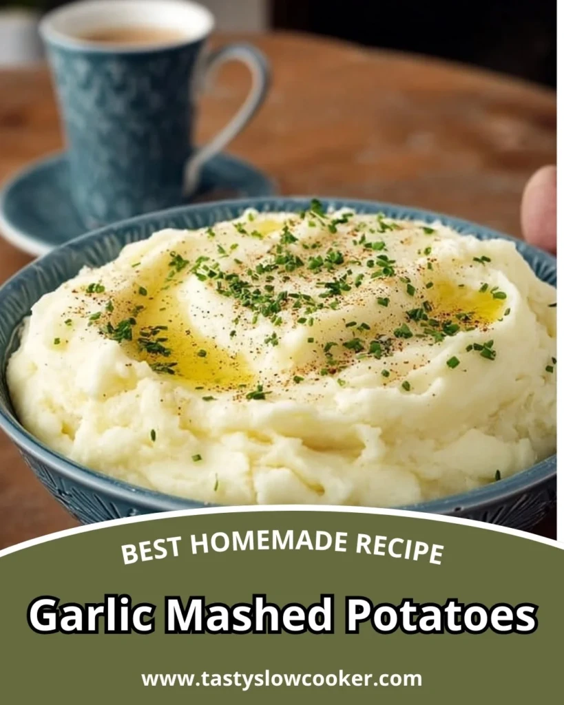 Delicious bowl of garlic mashed potatoes with a creamy texture and garnished with herbs.
