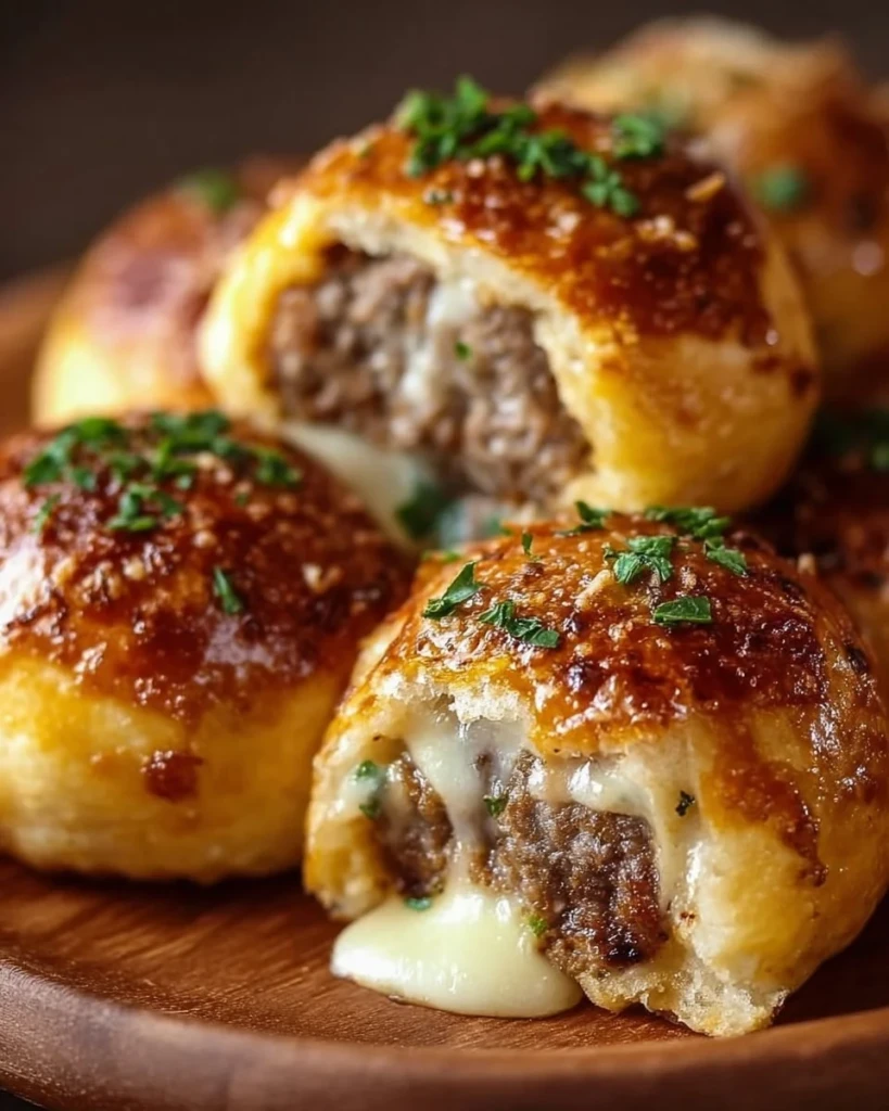 Delicious Garlic Parmesan Cheeseburger Bombs with melted cheese and garlic flavor.
