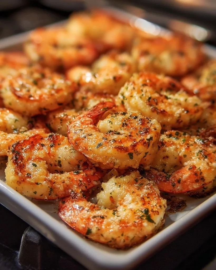 Garlic Parmesan Roasted Shrimp served on a plate with herbs and lemon.