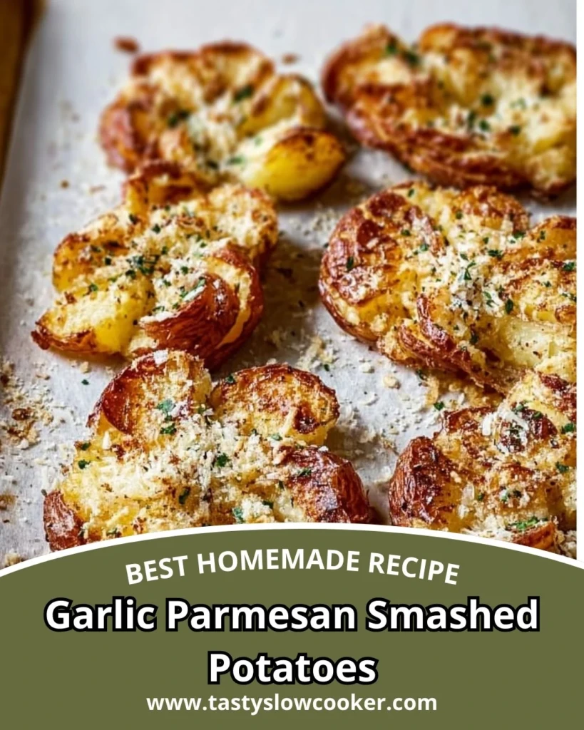 Bowl of Garlic Parmesan Smashed Potatoes garnished with herbs