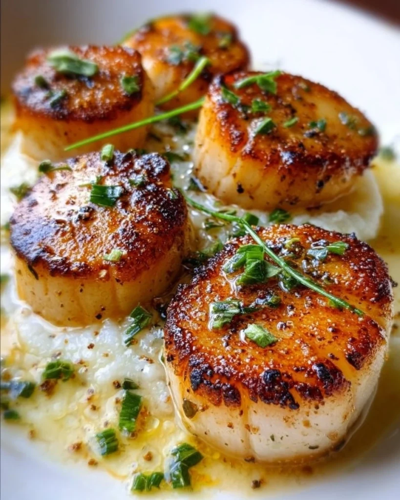 Delicious Gordon Ramsay's pan seared scallops plated and garnished