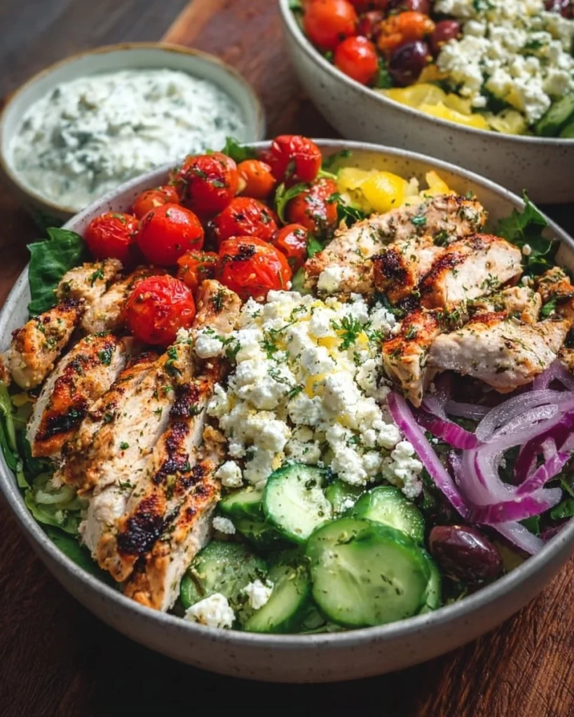 Delicious Greek chicken bowls with fresh vegetables and savory spices