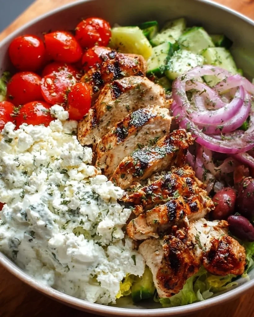 Delicious Greek Chicken Bowls with fresh vegetables and feta cheese