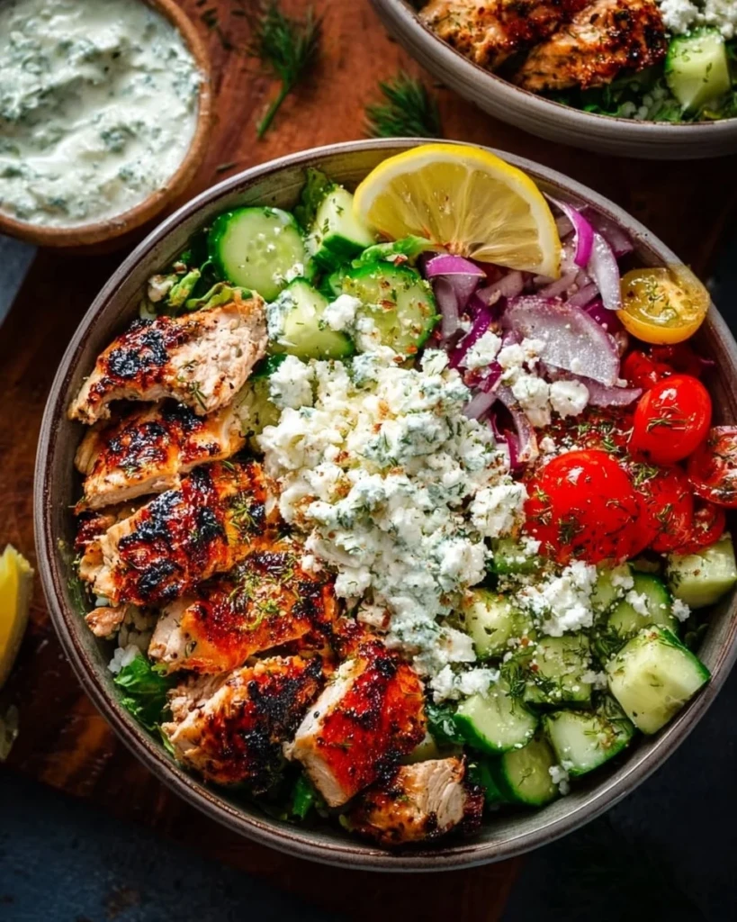 Delicious Greek Chicken Bowl with fresh vegetables and toppings
