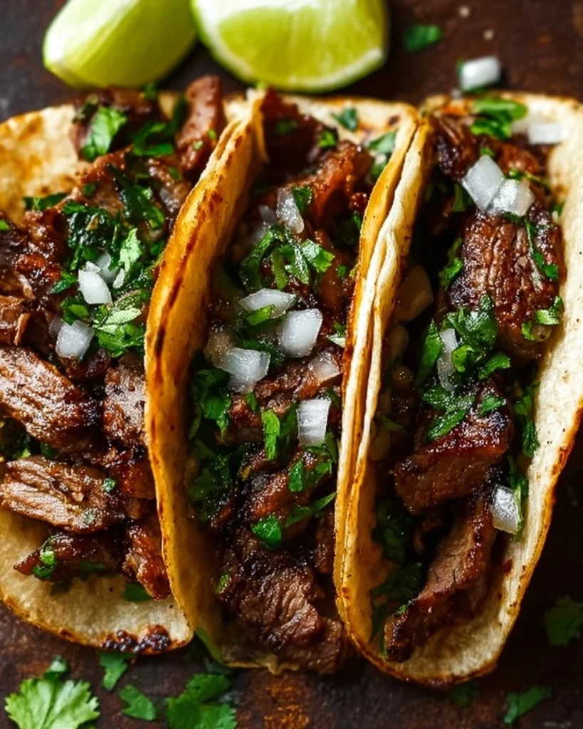 Delicious grilled beef Mexican street tacos topped with fresh cilantro and onions.