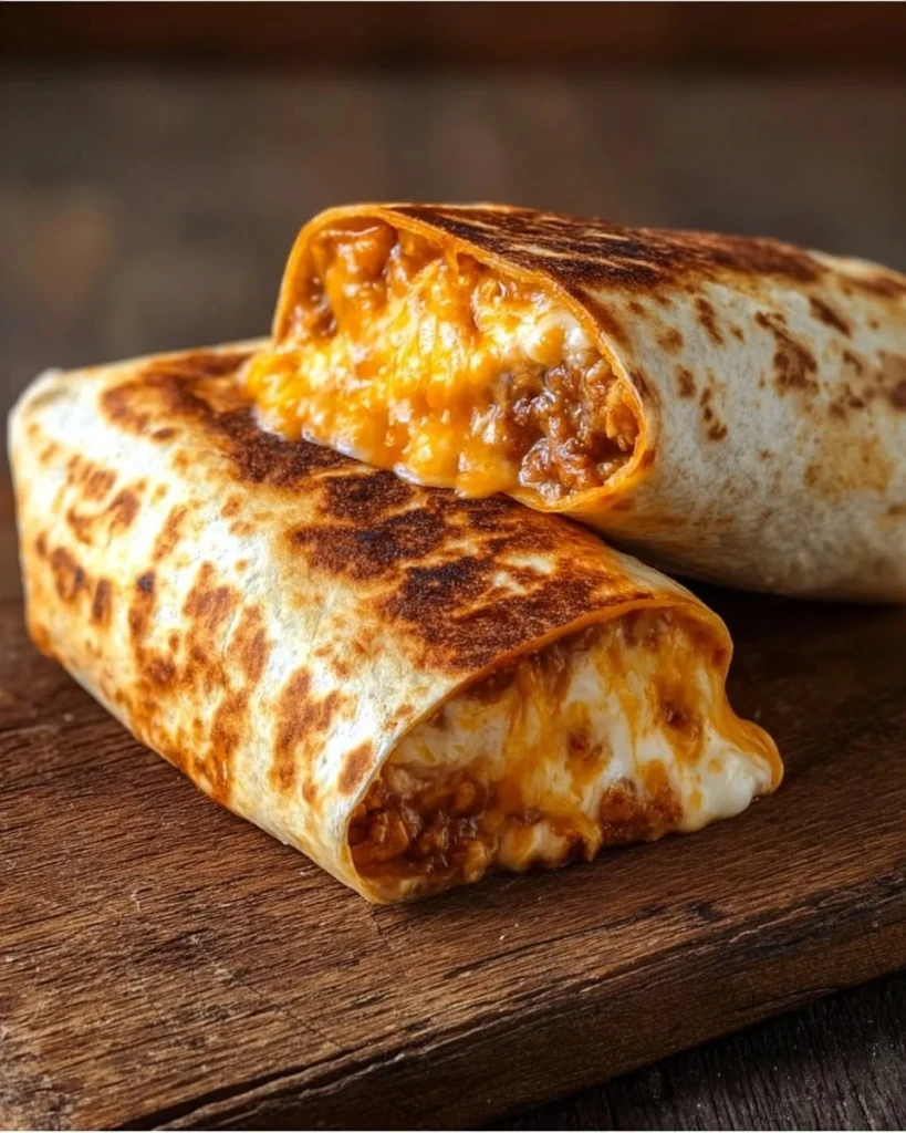 Delicious grilled cheese burrito with melted cheese in a crispy tortilla