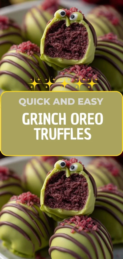 Festive Grinch Oreo Truffles decorated in green and red for the holidays