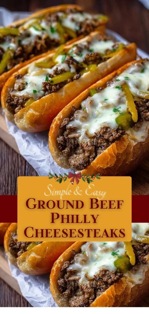 Delicious Ground Beef Philly Cheesesteaks served on a toasted hoagie roll.