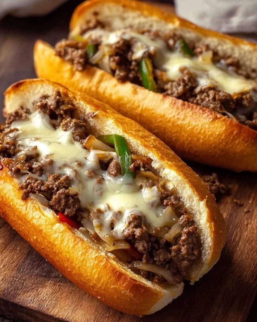 Delicious Ground Beef Philly Cheesesteaks topped with melted cheese and peppers