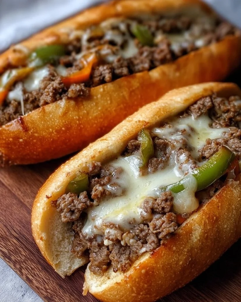 Delicious Ground Beef Philly Cheesesteaks ready to serve on a plate.