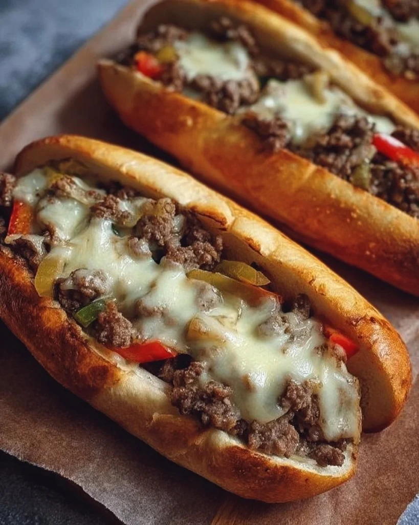 Delicious ground beef Philly cheesesteaks served in rolls with toppings.