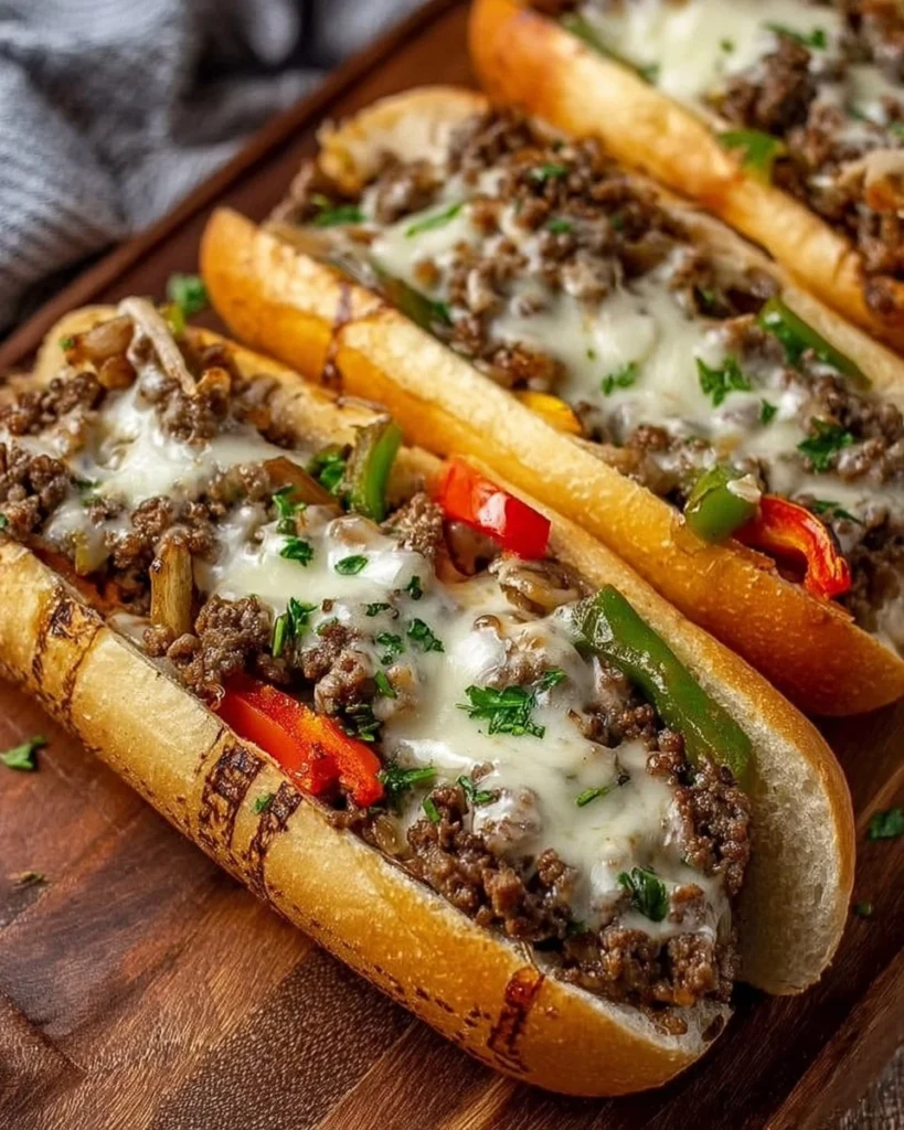 Ground Beef Philly Cheesesteaks served with melted cheese and onions