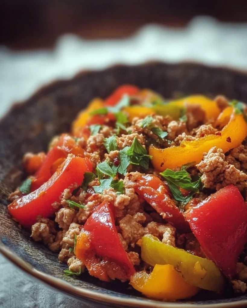 Ground turkey dish with colorful bell peppers and spices