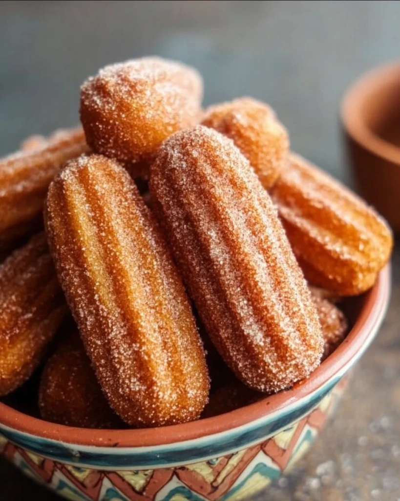 Healthy baked churro bites served on a plate with a sprinkle of cinnamon sugar.