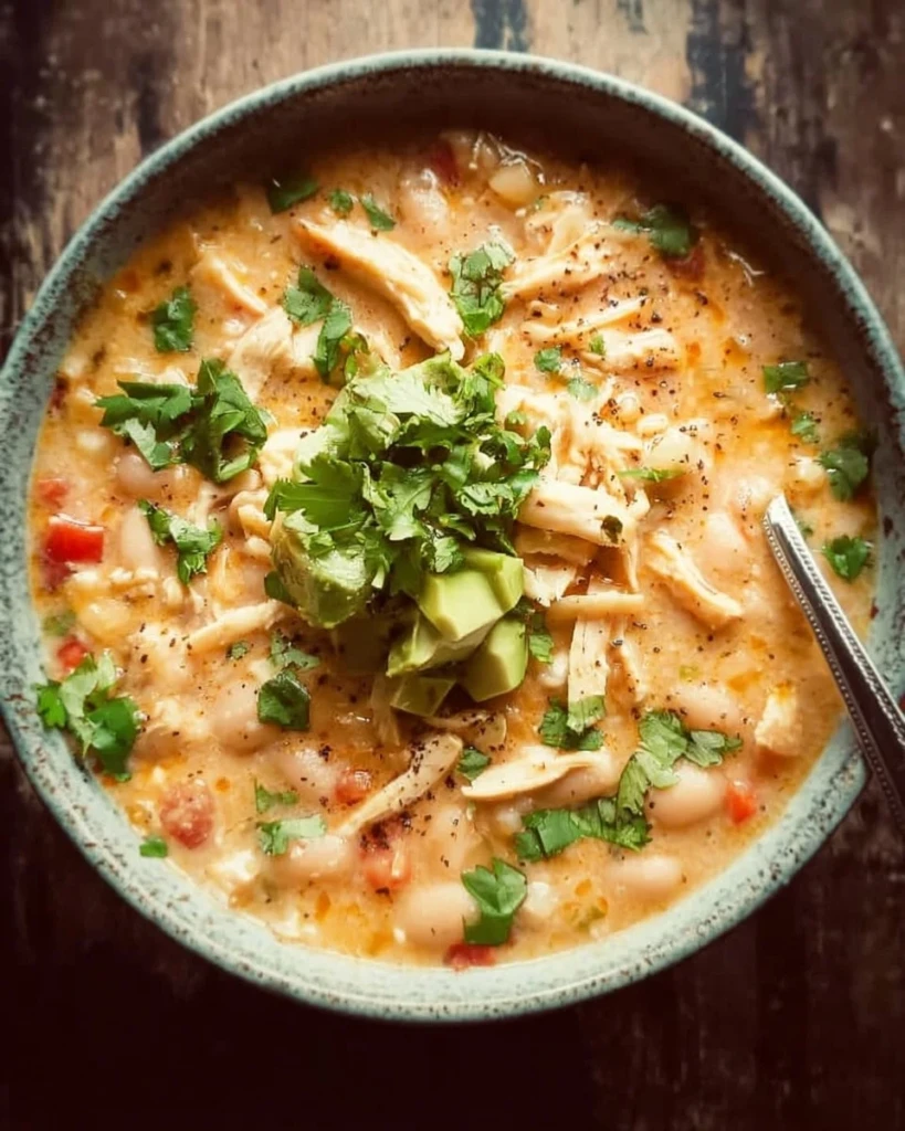 Bowl of healthy high protein white chicken chili garnished with cilantro.