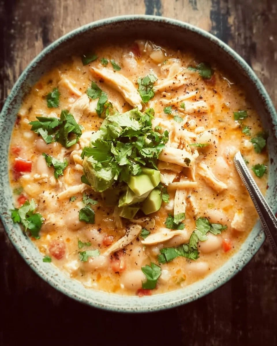 Bowl of healthy high protein white chicken chili garnished with cilantro.