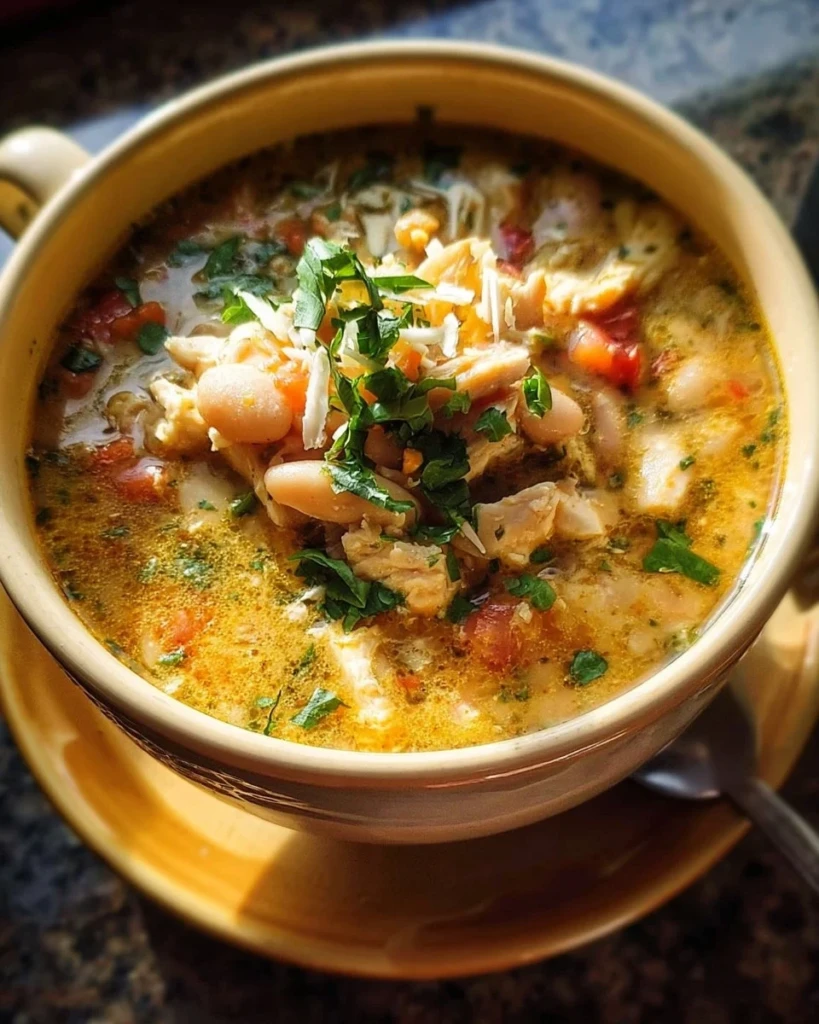 Bowl of Healthy High Protein White Chicken Chili topped with cilantro and lime.